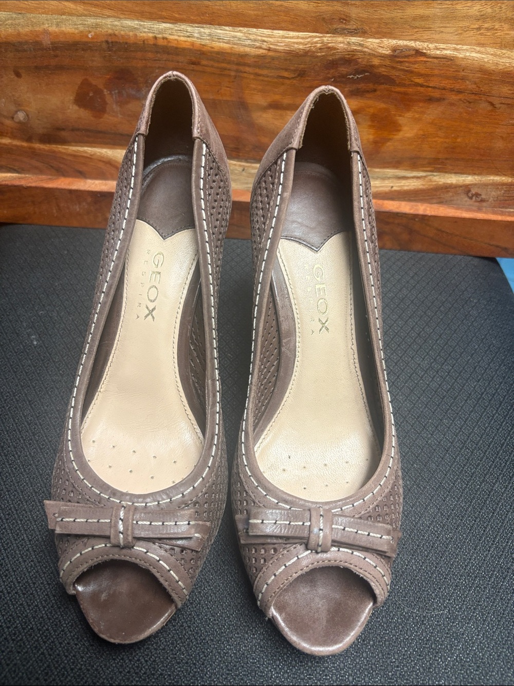 Geox Brown Perforated Peep-Toe Flats with Bow Accent